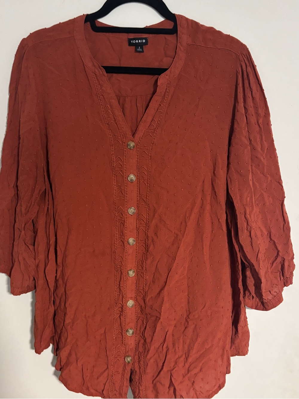torrid Rust Button-Front Peasant Top with Lace Trim